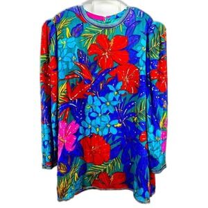 Vintage Judith Ann‎ Plus Silk Tunic Top 3X Teal Floral Beaded Sequin Tropical